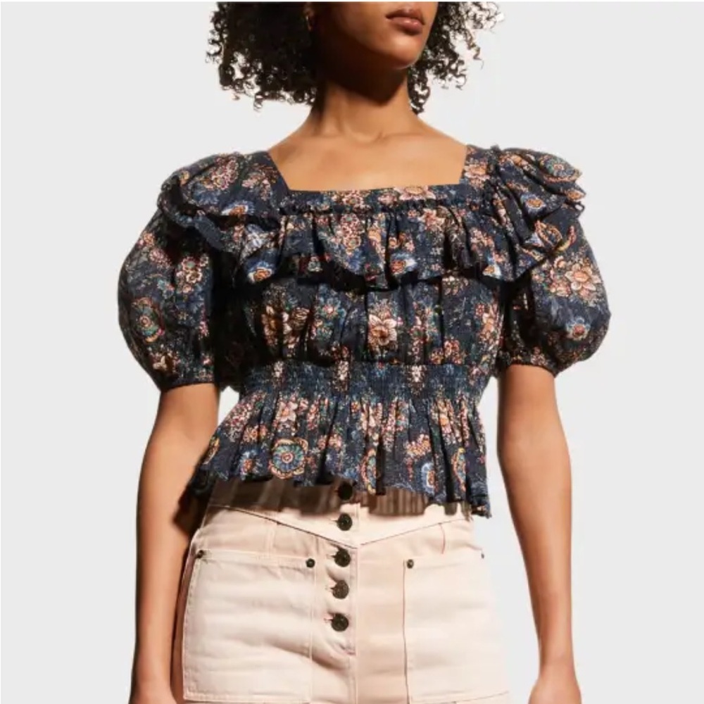 NWT Ulla Johnson Warner Floral Ruffle Puff-Sleeve Peplum Blouse
